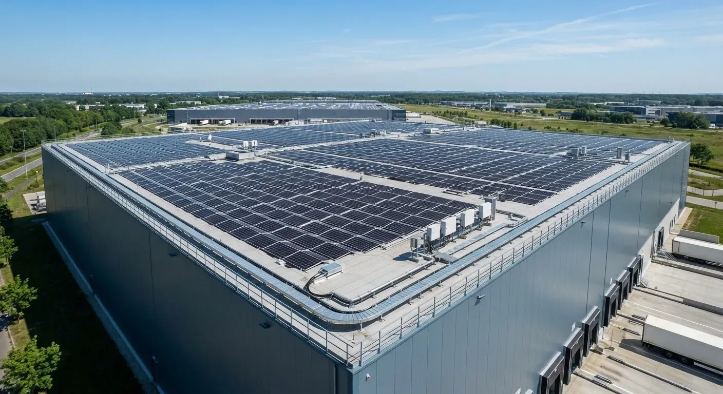 Photovoltaikanlage auf dem Flachdach einer gewerblichen Logistikhalle