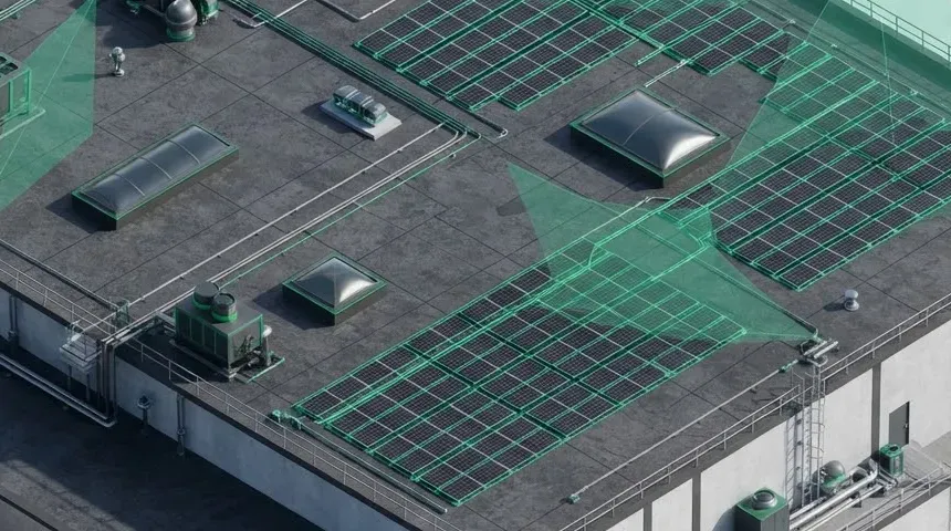 3D-Modell eines Gewerbedachs mit Verschattungsanalyse, Lichtkuppeln und Modulbelegung