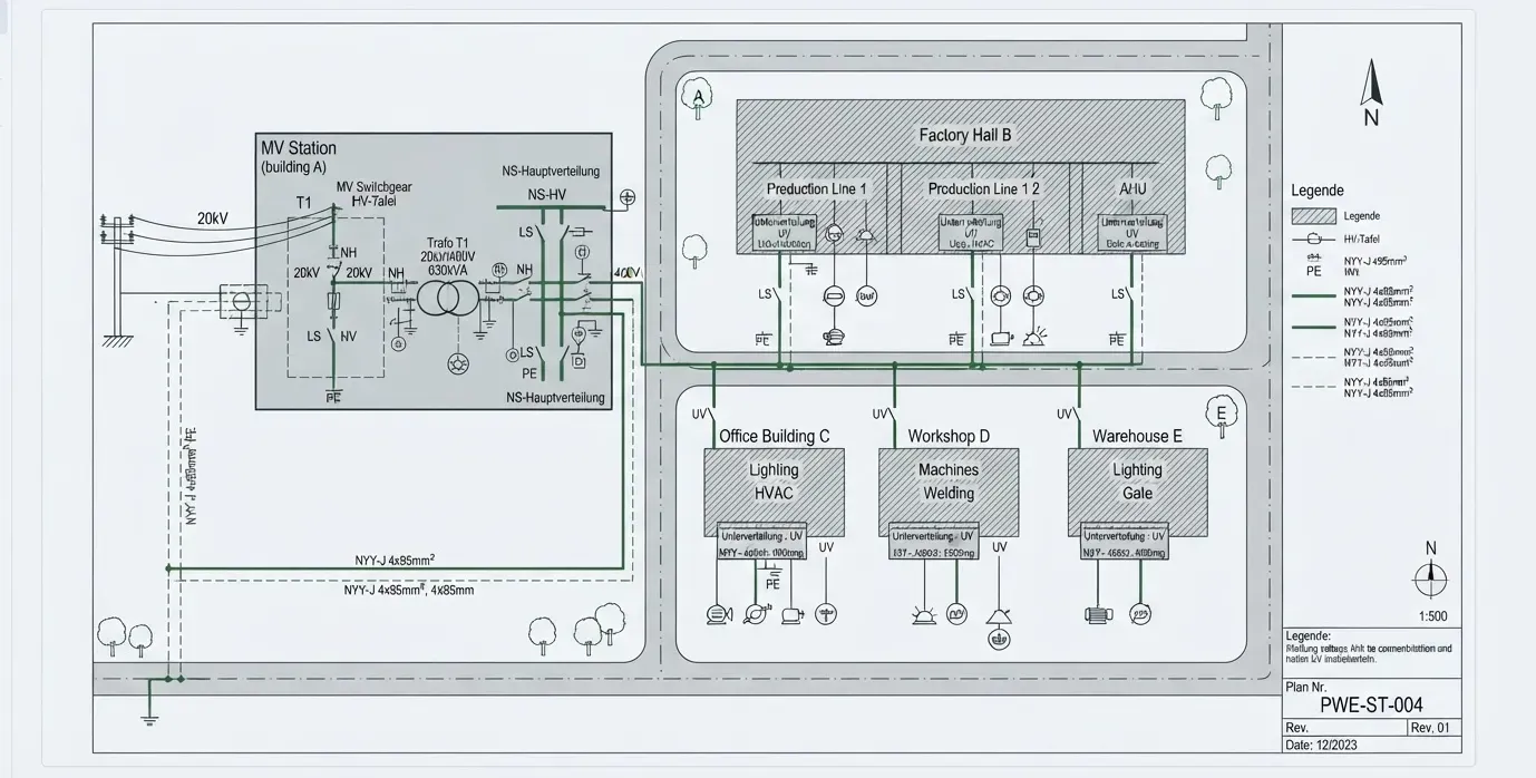 Schematischer Plan der Netzanbindung von Trafostation, Hauptverteilung und Gebäuden mit Kabelwegen