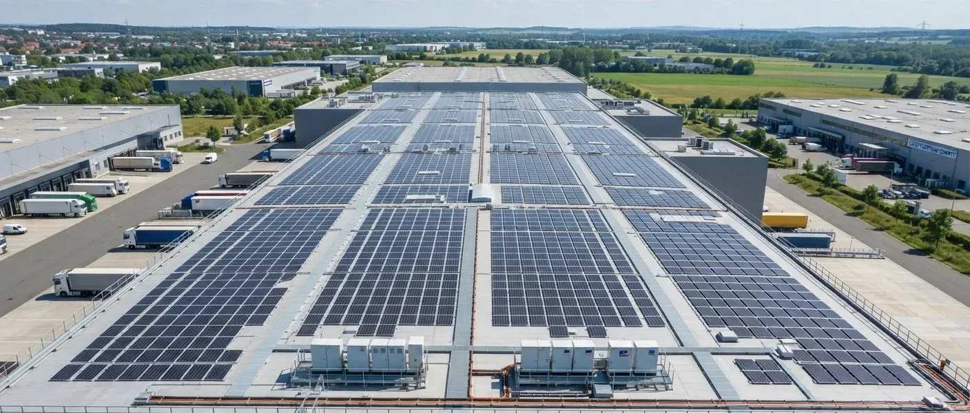 Luftaufnahme eines großen Logistik-Flachdachs mit Photovoltaikanlage und Wechselrichtern